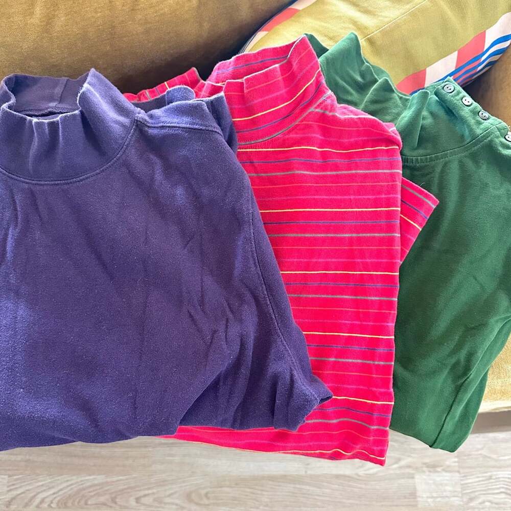 Lot of 3 Mock Neck Tops - Purple, Red Striped, and Green